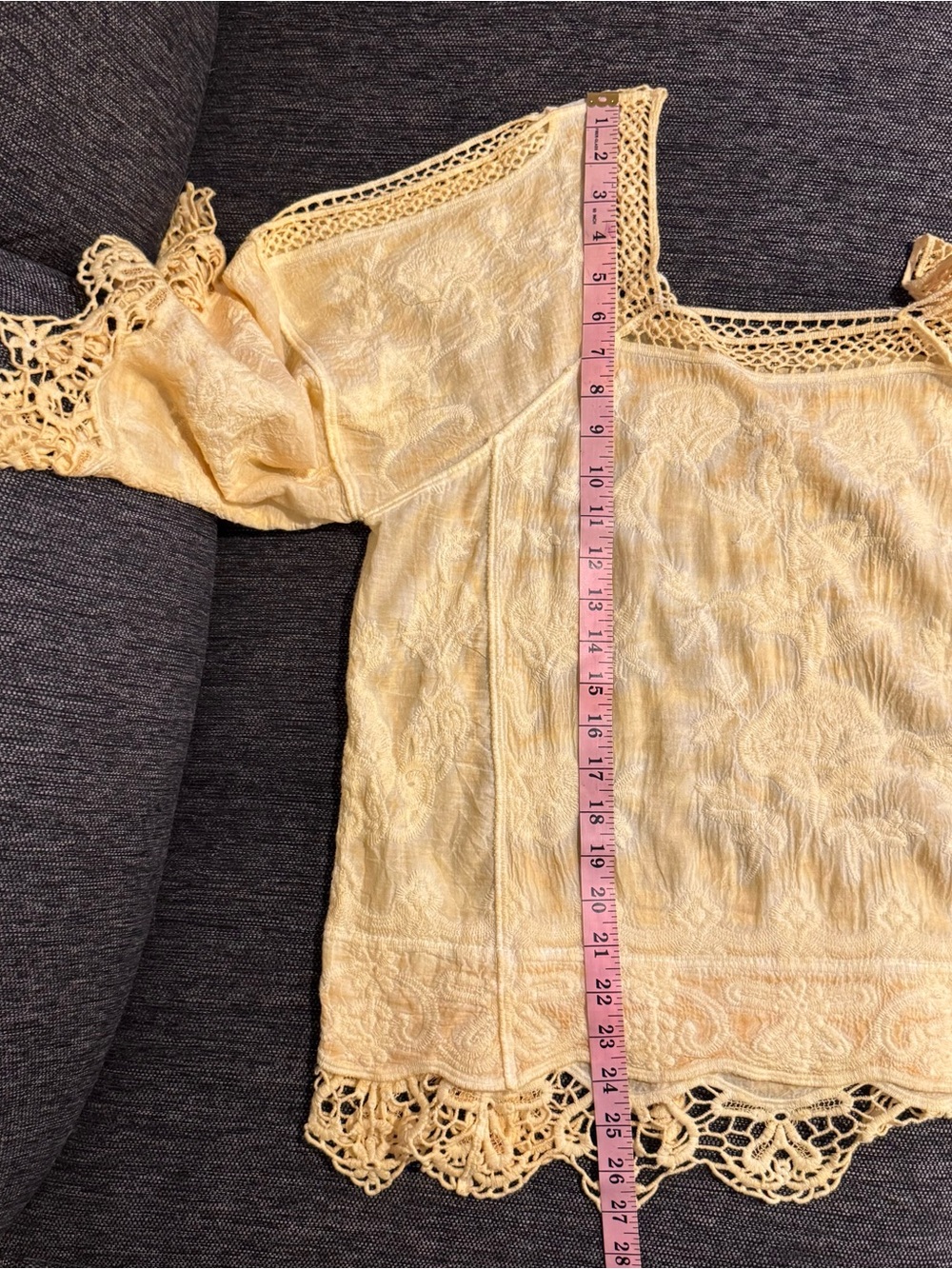 Democracy Yellow Crochet Lace Boho Blouse Top 100% Cotton Size S Cottagecore - Picture 11 of 11